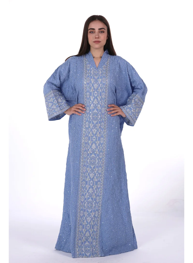 AL BENT AL SHARQIEH blue Embroidered Linen Jalabiya dress with unvisible belt for Women | Best Price UAE